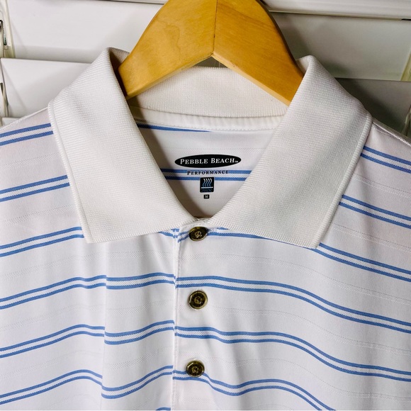 ๐ฉท PEBBLE BEACH PERFORMANCE MEMS SIZE MEDIUM WHITE BLUE PINSTRIPES GOLF SHIRT - Picture 4 of 4